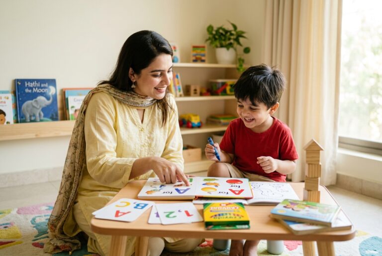 Nursery tutor in Islamabad teaching alphabets to a young child at home